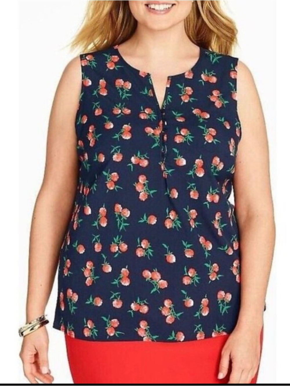 Talbots 2X Navy Blue Raspberry Print Summer Shirt Tank Top Sleeveless Blouse